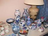 Collection of Blue & White Pottery Items, Vases, Tea Pots