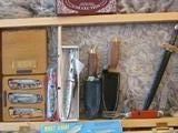 Collection of Knives...Pocket knives- Barlow, Imperial, Schrade, Swiss Style Multi-tool, Advertising Knives, Boot Knives, Commemoratives;  As pictured Boot Knives, Swiss Style Multi Tool Knife, 3 Knife Set - decorative fishing and hunting scenes on handles and wooden display case
