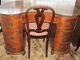 Vintage Art Deco Ladies Curved Desk with Glass Top and 6 drawer storage; Vintage Splat Back Chair with Mahogany Finish.