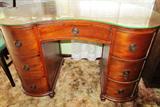 Vintage Art Deco Ladies Curved Desk with Glass Top and 6 drawer storage;