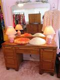 Vintage Art Deco Ladies Dresser original Mirror; Dresser is matching to King Size Headboard and Chest of Drawers which are pictured elsewhere in this collection. Mfg. by Joerns Brothers of Wisconsin; Vintage Hats shown are part of a large collection of Vintage women's clothing and accessories; Matching Accent Table Lamps are also available;