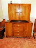 Vintage Wood handcrafted Cabinet with 2 side door storage and 4 drawers storage; Also, above it is a vintage wood handcrafted cabinet with 2 door storage