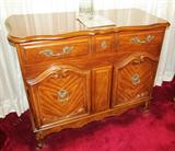 Vintage Lenoir House Server with storage. Server is matching to Burlwood Top Table with Leaf, 8 matching Cane Back Chairs with upholstered seats, matching Lenoir House French Lighted China Cabinet with Glass & Wood doors and drawer storage, are pictured elsewhere in this collection