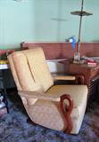Vintage Gooseneck Rocker with tan upholstery; vintage lamp table shown is also available.