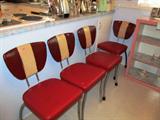 Vintage Retro '50's matching set of r dinette chairs with red padded seats and striped padded backs