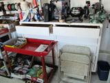 Metal Cart / tool or parts Caddy on wheels; Wood Cabinet with 10 drawers; Also pictured are a Chicago Electric Welding System 90 AMP Flux Wire Welder with Welder's shield and other accessories; Electric Grinder with dual grinding wheels, Bench vise. Other items pictured are also available