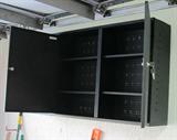 Metal Wall Cabinet with double doors and shelf storage.  Doors have lock with key