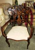 Vintage Continental Style Accent Parlour / Occasional Arm Chair with Nicely Carved Accented back,Cabriolet legs, mahogany finish, white upholstery