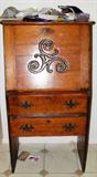 Vintage Primitive Style Oak Drop Front Writing Desk with Carved Accented Front, 2 drawers with brass pulls, Dar Finish... nice patina...