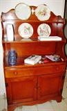Vintage Colonial Style Hutch with doors, drawer and shelves storage, wood pulls. Pine with reddish oak style finish