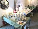 Good Glassware...some vintage - depression, pressed, plates, serving pieces; Also shown are some of the collection of figurines that are available in this sale. Also shown is a vintage beaded purse; Vintage ornate Wall Mirror