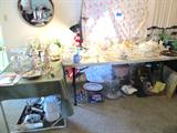 Good Glassware...some vintage - depression, pressed, plates, serving pieces; Also shown are some of the collection of figurines that are available in this sale. Also shown is a vintage beaded purse; Vintage ornate Wall Mirror