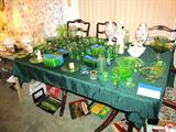 Good Collection of Vintage Green Depression Glasswares...plates, cups, saucers, stemware, barware, serving dishes...some are etched...others are plain; Also shown are soup terrines, urns / vases. Note: Table and chairs are not available.
