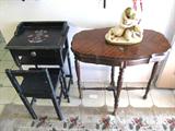 Lovely Vintage Continental Style Foyer Table with Scalloped edges on its top, spindled legs, Walnut finish; Also pictured is a Vintage Primitive Style Hand Painted Child's Desk Set...Desk has drawer and bookshelf storage, spindle legs, and stencil accents, sturdy matching chair...set appears to have original paint; Also pictured is an accent sculpture depicting two lovers...both nude, in an embrace...sigh