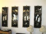 Oriental Style Panels...four panels depicting the four seasons. composition: black lacquer and carved stone figures. Other items shown are also available