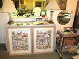 Some of the artworks in this sale. As shown, Signed artworks by artist Stephanie Taylor "Wedding Day" , and "Birthday Party" both set in the Grand Floridian; Also pictured are Matched Pair of Vintage Etched Glass Accent Table Lamps;
