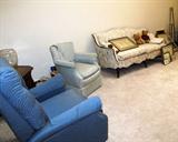 Lovely Queen Anne Style Sofa with nicely carved wood accents, and floral pattern upholstery. Matching cushions; Also shown is a Petite Arm Chair with light green silk upholstery; Also shown is a Recliner with blue upholstery.