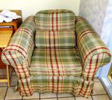 Living / Family Room Set includes Sofa with green and red plaid upholstery, matcing loveseat, matching arm chair; As pictured is the Arm chair with rolled arms and green and red plaid upholstery. The matching sofa and loveseat are pictured elsewhere in this collection