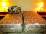 Beautiful Vintage Bedroom Set by American of Martinsville...includes Dresser with golden oak finish and 8 large drawers, 4 small center drawers, and a mirror; two (2) matching two tiered nightstands; Two (2) Single Beds with Single Size Sealy Contessa IV Bed Sets...mattresses, boxsprings, and frames. (Nightstands and Single bed sets are pictured elsewhere in this collection) Accent Table Lamps pictured are also available as are the linens .