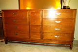 Beautiful Vintage Bedroom Set by American of Martinsville...includes Dresser with golden oak finish and 8 large drawers, 4 small center drawers, and a mirror; two (2) matching two tiered nightstands; Two (2) Single Beds with Single Size Sealy Contessa IV Bed Sets...mattresses, boxsprings, and frames. (Nightstands and Single bed sets are pictured elsewhere in this collection)