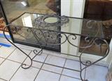 Wrought Iron and glass Sofa / Foyer table with scrolled Wrought Iron base and glass top