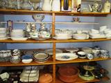 Nice selection of kitchenwares / dinnerware...Mikasa china partial sets, other china items, clay earthenware bakingware items, several serving dishes, Silverplate Chaffing Dish, Teapots, Carafes...