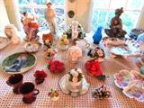 Nice selection of porcelain flowers...including Boehm, porcelain figurines, blue & white decorator items, decorative pots, vases, also chalkware