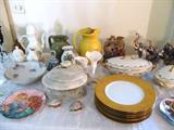 Vintage Covered Soup Tureen in shape of Clam with matching Sale & Pepper Shakers...likely circa 1950's / 1960's; Edna Hibel Mother and Child Plate; Gold wash dinner plates (6); Limoge covered vegetable serving dishes, Various pottery...pitchers and other items.