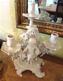 One of two beautiful matching Dresden Three Arm Candleholders with ornate cherubs and florals, and grapes