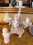 One of two beautiful matching Dresden Three Arm Candleholders with ornate cherubs and florals, and grapes