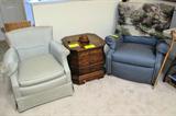 Petite Arm Chair with light green silk upholstery; Also shown is a Recliner with blue upholstery...the small tapestry (draped over the back of the recliner) of a streamside village... is also available; Also shown is an Oriental inspired End Table by Heritage, with a leather inlaid top