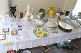 Vintage Covered Soup Tureen in shape of Clam with matching Sale & Pepper Shakers...likely circa 1950's / 1960's; Edna Hibel Mother and Child Plate; Gold wash dinner plates (6); Limoge covered vegetable serving dishes, Various pottery...pitchers and other items.