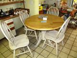 Nice Dining / Dinette Set...Round Table with natural wood finish top and whitewash pedestal base, 4 matching spindle back chairs with whitewash finish