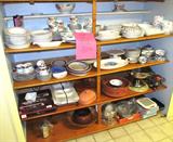 Nice selection of kitchenwares / dinnerware...Mikasa china partial sets, other china items, clay earthenware bakingware items, several serving dishes, Silverplate Chaffing Dish, Teapots, Carafes...