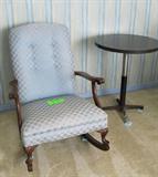 Vintage Queen Anne Style Rocking Chair with blue silk upholstery; Also shown is a round laminate table with metal pedestal base which is also available.