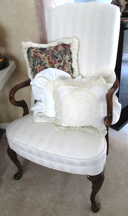 Queen Anne Style Occasional Arm Chair with High Back, beautifully carved wood arms, elegant white silk linen upholstery and padded feet.