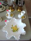 Very Collectible Fenton Silver Crest glassware...Ruffled Bowl with Yellow Rose, 2 matching Candlesticks