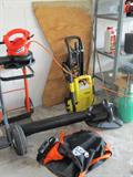 Black & Decker Electric Leaf Hog Blower / Vac / Mulcher with bagger; Also shown is a Karcher K2.89 1400 PSI Electric Pressure Washer (120V/60hz power supply...1.3 GPM...compact). Also shown is one of the metal shelf units which is also available as are other items pictured