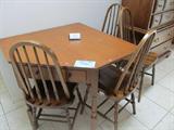 Three Legged Corner Table with drawer storage; Four matching spindled high back chairs with light finish