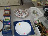Vintage Decorative Fenton Accent Plate w/ original Box; Hummelwerk Christmas Ornaments; Some of the Costume Jewelry available in this sale; Accent Hand Painted Oriental Accent Plate; Italian Hand Painted Serving Tray;