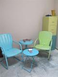 Retro style metal Patio / porch set...two chairs, end tables; also shown are two metal 2 drawer filing cabinets which are also available
