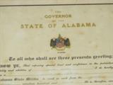 Vintage Collectible Certificate attesting membership in Alabama State Militia...signed by Gov. John Malcolm Patterson (44th governor of the State of Alabama...youngest governor). Historically significant...Supported President Eisenhower in the Bay of Pigs invasion of Cuba...also term as governor was during segregationist era and Gov. Patterson defeated George Wallace for the Governorship