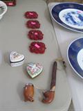 Set of four matching Vintage Two Tone Amborina drawer / door pulls...very collectible; Pair of Limoge heart shaped trinket boxes; Nice Hand Carved German Pipe; Also shown are Norwegian Porsgrund Accent Plates;