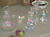 Some of the collectible perfume bottle and paperweight collections available in this sale...some are vintage. Perfume bottles are from various countries in Europe and America. Also shown is a pressed glass candy dish. All items shown are available for sale