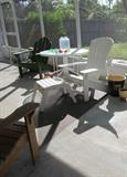 Some of the Porch / Patio Furniture available in this sale...As Pictured...Adirondack Style Chairs, Footstool, Round Glass Top Table...other porch / paito furniture ( shown elsewhere) including metal retro look set, metal end tables. Also stack chairs, plant stands.