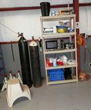 Oxy / Acetaline Tanks for TIG Welding; Some of the jack stands that are available in this sale; Open Shelf Unit and its contents are available as is the air hose reel and hose