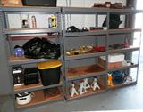 Some of the metal storage shelf units that are available in this sale. Jack stands, jacks and other items pictured are also available.