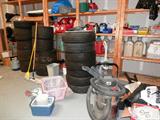 Shop Vac 6.5 hp with accessories; Hoover Floormate Cleaner; Also shown are some of the tires...racing slicks, others, that are available in this sale; Also available are the wood open shelf style storage shelf units and other items pictured