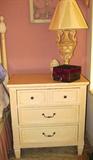 Vintage Italian Provincial Night Stand with drawers storage and brass pulls. Night Stand is part of King Size Bedroom Set...includes King size Headboard, mattress & boxsprings, matching night stand; Also shown is an accent table lamp that is also available.