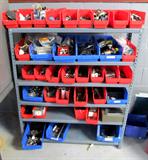 Small metal storage shelf unit with 40 bins with parts, hardware, and misc. items any auto enthusiast should have.
